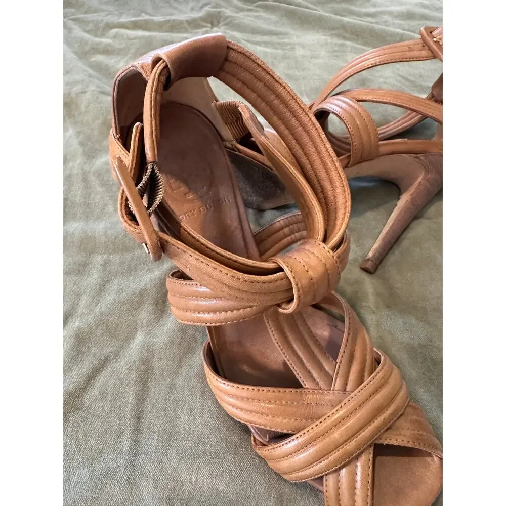 Tory Burch Liv Strappy High Heel Tan Sandals 7.5